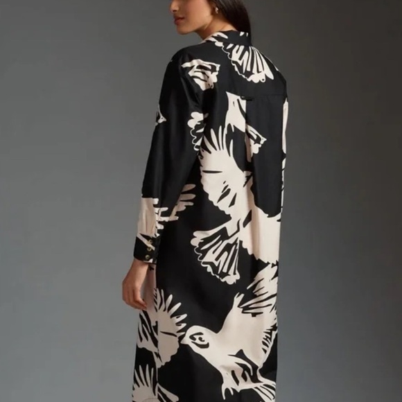 Anthropologie Maeve The Soren‎ Black White Bird Print Midi Shirt Dress XXS XS S - Picture 3 of 13